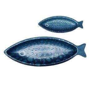 Opalhouse 2 Navy Blue Fish Serving Dish Platter Bambod Melamine Collectible 16"